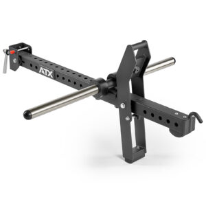 The ATX® Belt Squat Option is a black and silver barbell landmine attachment featuring a rectangular base, vertical and horizontal handles, multiple adjustment holes, and the ATX logo on its side.