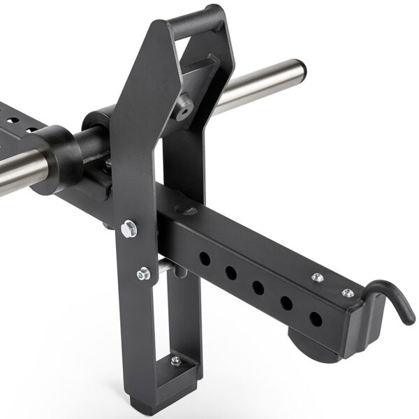Close-up of the ATX® Belt Squat Option, featuring a black barbell holder with a metal handle, multiple adjustment holes, a sturdy structure, bolts, and a curved hook at the end.