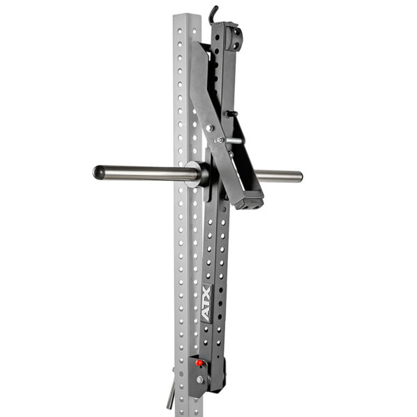 The ATX® Belt Squat Option is a gray adjustable Smith machine rack with an attached barbell, featuring a vertical column with multiple height-adjustment holes and the brand logo on its side, set against a white background.