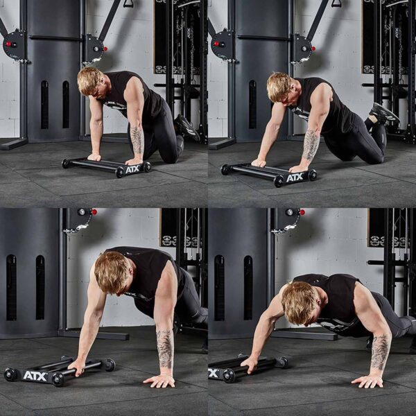 A person performs an ab roller exercise on a gym mat, engaging their core with precision. The sequence depicts kneeling, rolling forward, extending the body, and returning to the start. Clad in a sleeveless black shirt and pants, they are surrounded by gym equipment like the ATX® Glute Ham Roller in the background.