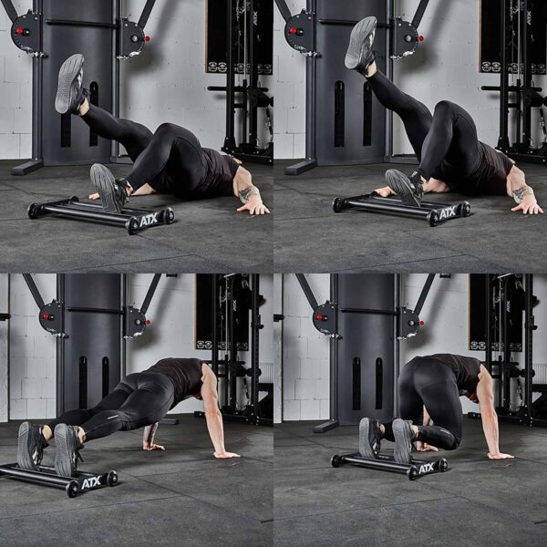 A person dressed in athletic wear demonstrates a range of exercises using an ATX® Glute Ham Roller. The image captures various positions and movements, such as balancing, stepping, and bending on a gym floor, with fitness equipment visible in the background.