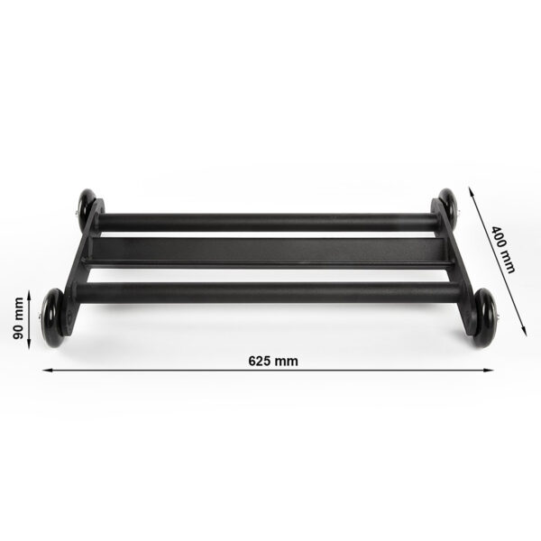 Introducing the ATX® Glute Ham Roller: a sleek, black metal trolley equipped with four wheels for optimal stability and ease of movement. This trolley is specifically designed as a core hamstring roller, featuring two horizontal bars for added support. It measures precisely 625 mm in length, 400 mm in width, and 90 mm in height.