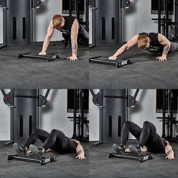 A person demonstrates an exercise using an ATX® Glute Ham Roller on a gym mat. The sequence shows them in a plank position, then lowering their body, followed by a lateral movement to one side, and finally engaging their core and legs.