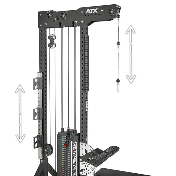 A black cable machine with adjustable pulleys and weight stack, featuring a seated row attachment and movement arrows. Labeled ATX and Training Xtreme, it is called the ATX® Trinity Tower 135 kg.