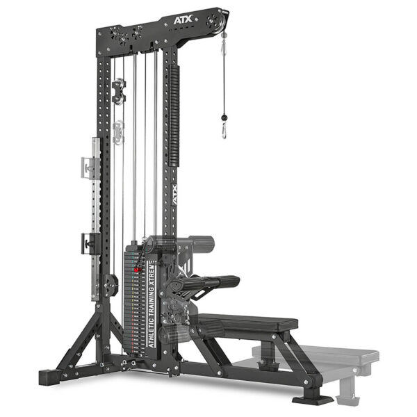 Image of the ATX® Trinity Tower 135 kg, a black cable machine for strength training. It features adjustable pulleys and includes a bench for seated exercises, carrying the ATX branding.