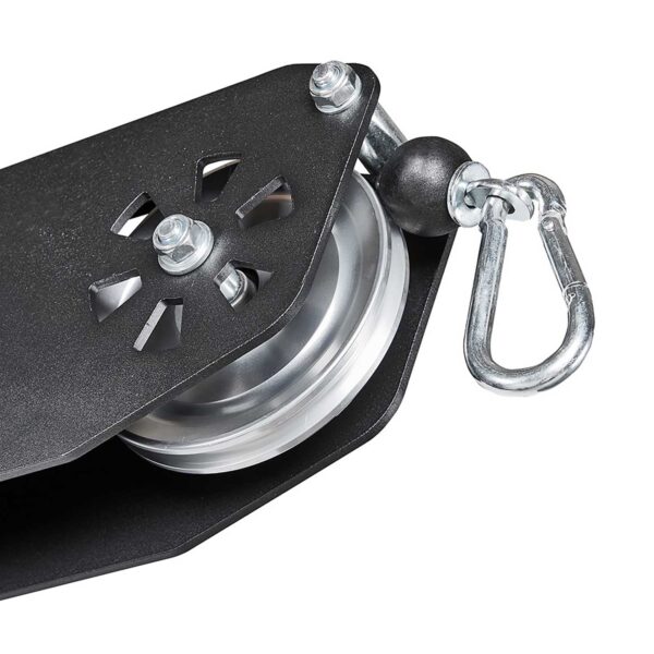Close-up of the ATX® Trinity Tower 135 kg metal pulley system, showcasing a black bracket with a silver wheel, attached hook, and fan-shaped cutouts around the wheel.