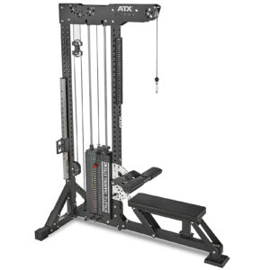 The ATX® Trinity Tower 135 kg is a multifunctional cable machine featuring seated row and lat pulldown setups, adjustable weight stacks, and a sturdy black frame.