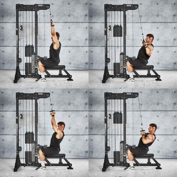 A man exercises using the ATX® Trinity Tower 135 kg for seated lat pulldowns. He wears a black tank top, black shorts, and white sneakers, shown in various exercise stages within a gym setting.