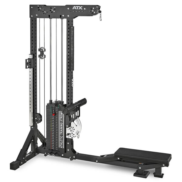 The ATX® Trinity Tower 135 kg is a black cable pulley machine with an adjustable weight stack and steel frame. It features multiple attachments for strength training, boasting a sleek design ideal for home or gym use.