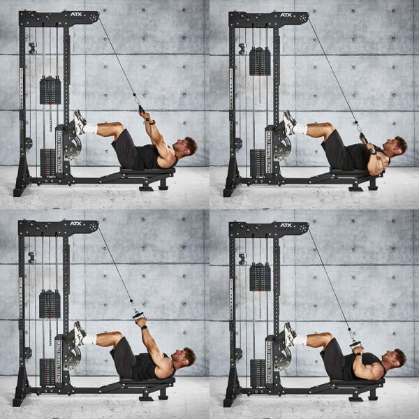 A person demonstrates a cable crunch exercise using the ATX® Trinity Tower 135 kg in four sequential images. Lying back on a gray concrete floor, they grip the cable handle and contract their abs to pull it down.