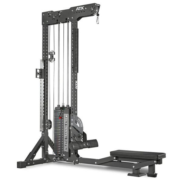 The ATX® Trinity Tower 135 kg is a black gym cable pulley machine with adjustable weights and a seated row bench, featuring pulleys, handles, and a weight stack for versatile strength training exercises.