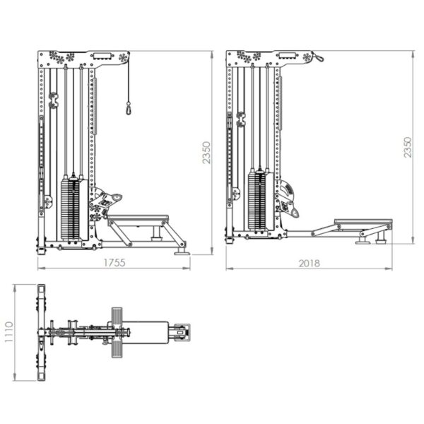 Front, side, and top technical drawings of the ATX® Trinity Tower 135 kg cable crossover gym machine display dimensions: height is 2350 mm, width is 1755 mm, depth is 2018 mm overall with a top view depth of 1110 mm.