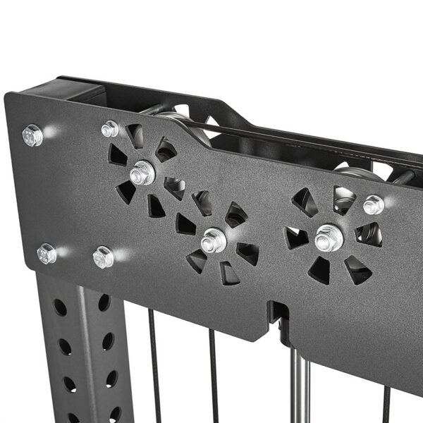 Close-up of the ATX® Trinity Tower 135 kg, showcasing a black metal weight stack pulley system with cables and pulleys inside a reinforced rectangular frame with bolts and geometric cutouts.