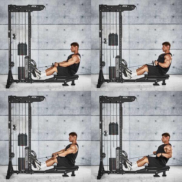 A person in athletic clothing uses the ATX® Trinity Tower 135 kg for a seated cable row against a concrete wall, showcasing four stages of the rowing motion from start to finish.