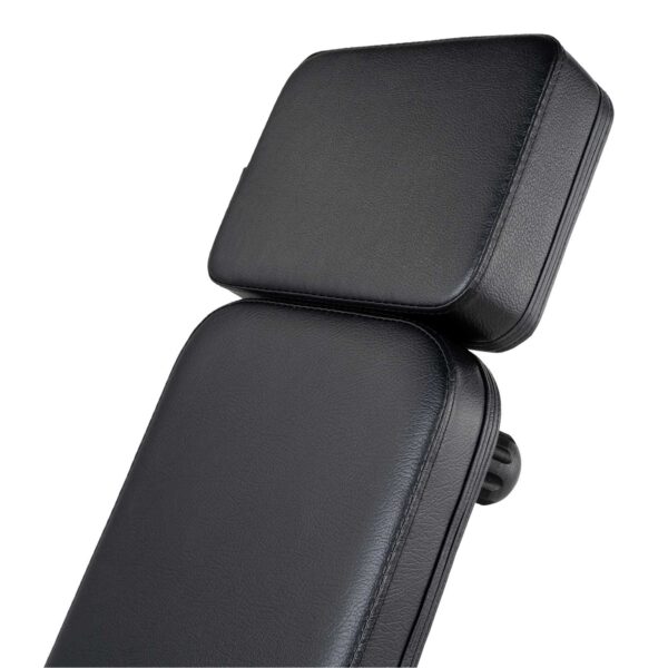 The Ironmaster Head Extension SB showcases a smooth, black leather headrest and backrest for comfort and support, featuring adjustable knobs.