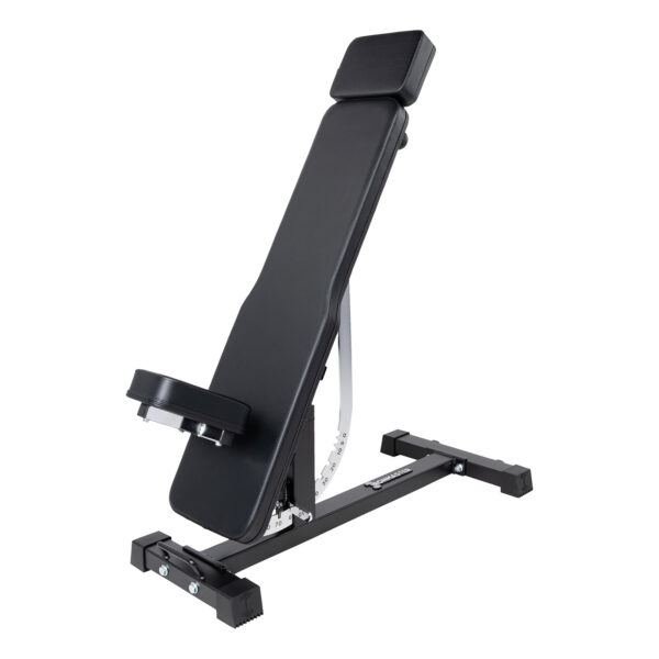 The Ironmaster Head Extension SB is a black adjustable weight bench featuring a padded seat and backrest, an inclined position, and a sturdy metal frame.