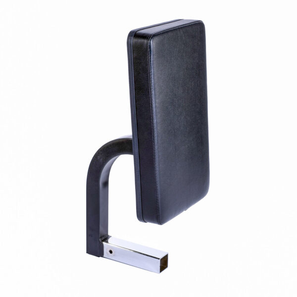 The Ironmaster Seated Press Pad SB is a black padded armrest with a rectangular cushion on a curved metal support, featuring a rectangular metal extension at the base for attachment. The background is white.
