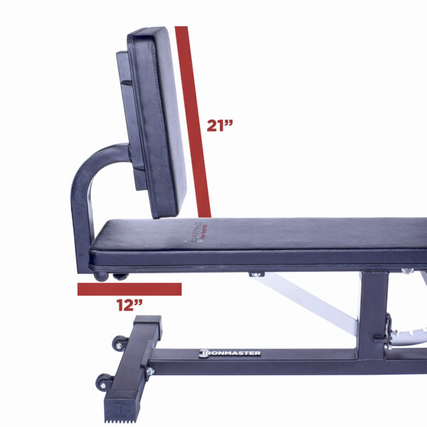 The Ironmaster Seated Press Pad SB is a black adjustable weight bench with a sturdy metal frame. It has a backrest height of 21 inches and seat width of 12 inches, as indicated by the red lines in the measurements shown.