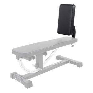 The Ironmaster Seated Press Pad SB is an adjustable weight bench with a padded black backrest and seat. It includes a protractor-like mechanism for angle adjustments, showcasing the adjustable backrest feature as a partially transparent focus point.