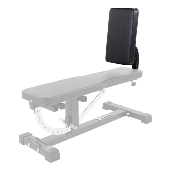 The Ironmaster Seated Press Pad SB is an adjustable weight bench with a padded black backrest and seat. It includes a protractor-like mechanism for angle adjustments, showcasing the adjustable backrest feature as a partially transparent focus point.