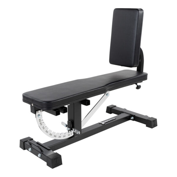 The Ironmaster Seated Press Pad SB is an adjustable weight bench featuring a black padded seat and backrest, metal support frame, and gear-like system for angle adjustments.
