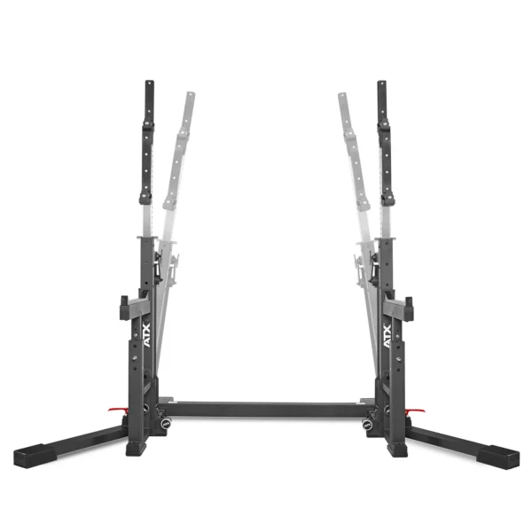 Adjustable squat rack and bench stand with black and silver support arms on a white background, featuring multiple height settings and a sturdy base, resembling an IPF combo rack.