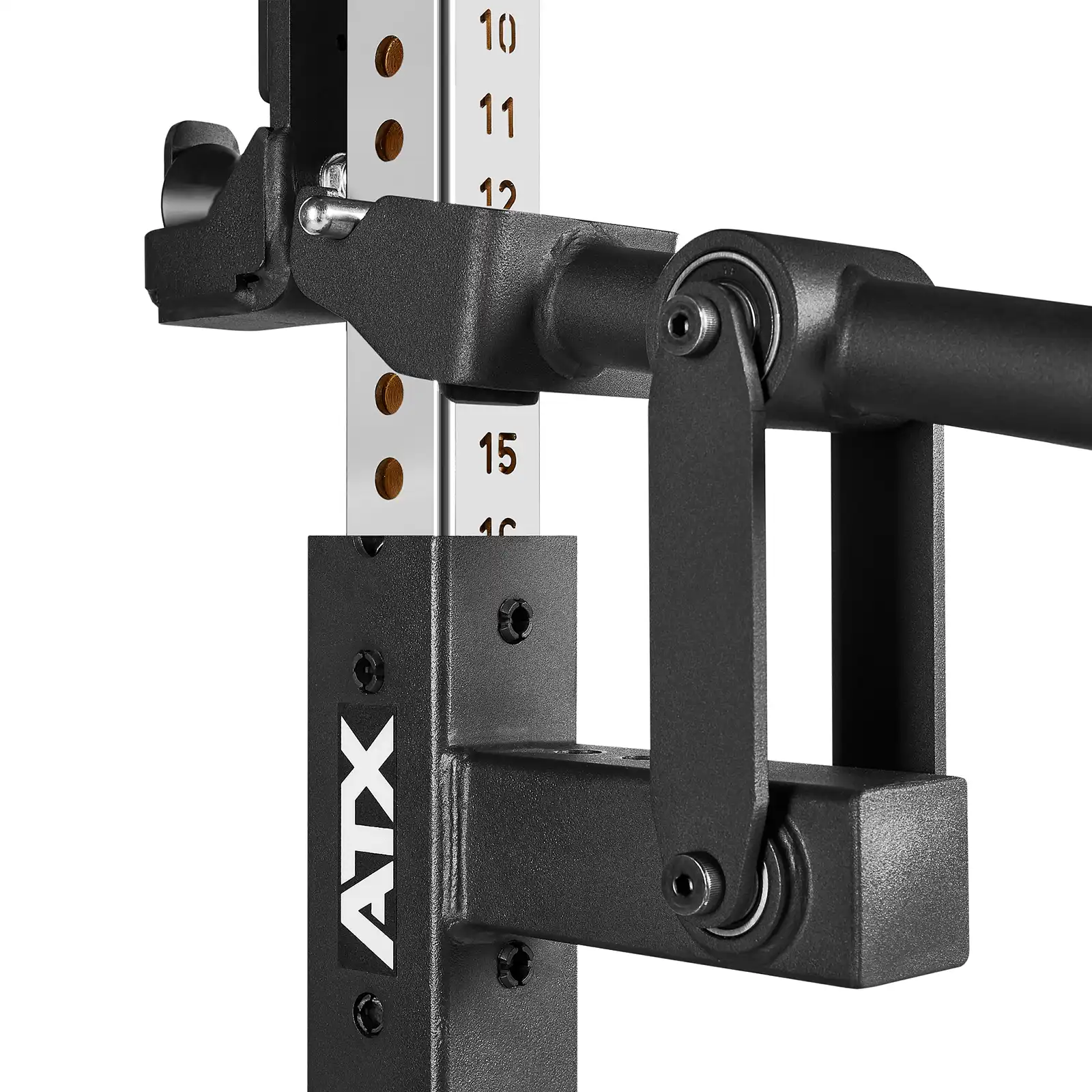 Close-up of a black and silver adjustable squat rack and bench, featuring sturdy metal construction and multiple holes for height adjustment, with the logo ATX visible on the frame.