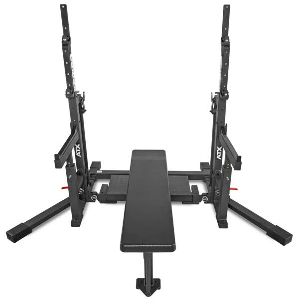 A black adjustable weight bench and squat rack set, reminiscent of an IPF combo rack, features padded surfaces. Positioned between steel uprights with adjustable holes, this versatile equipment is ideal for strength training and competition bench press exercises.