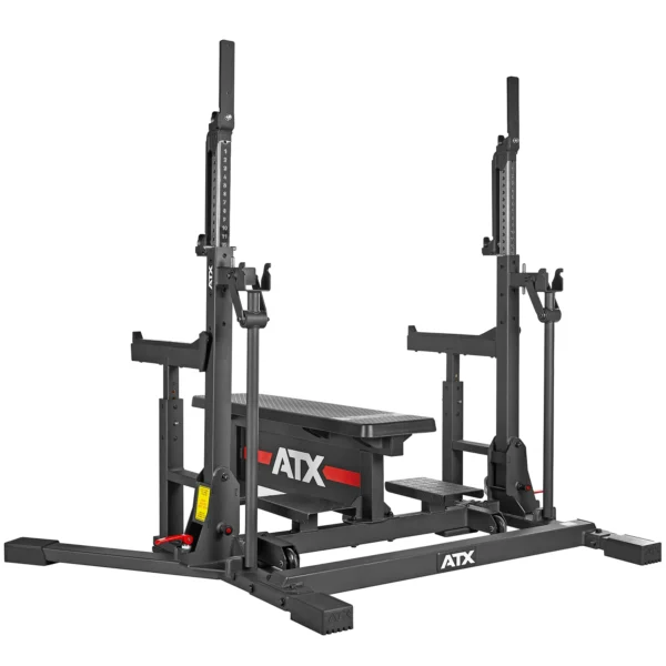 A black and red ATX bench press station, reminiscent of a competition bench press, with adjustable barbell holders and safety catches. The design boasts a sturdy steel frame and comfortable padding, making it ideal for intense workouts.