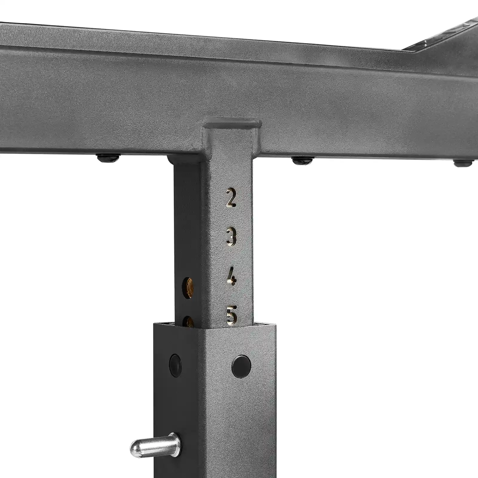 Close-up of a black adjustable metal stand, akin to those on an IPF combo rack, with numbered height settings from 2 to 5. A pin is inserted in one of the holes for securing the position.