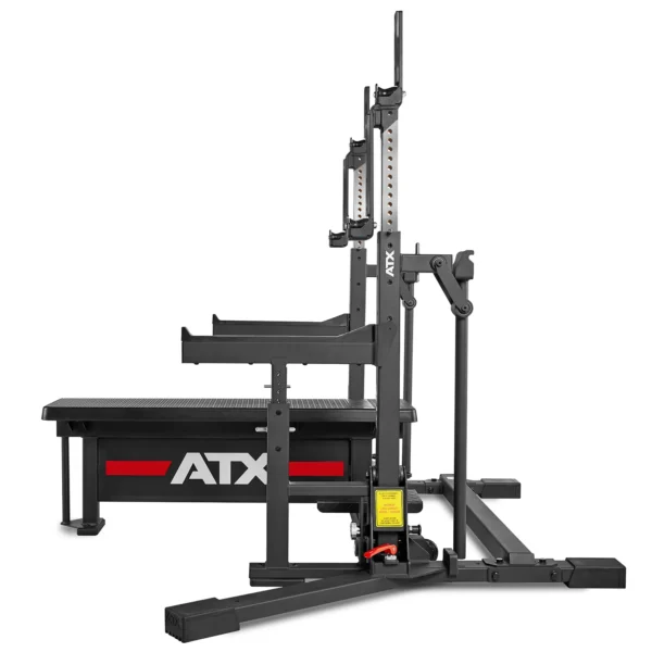 A heavy-duty weightlifting bench with an adjustable rack, labeled ATX on the side. This sleek black and red equipment doubles as a competition bench press, boasting a sturdy design for squats and other exercises, making it a versatile addition to your training routine.
