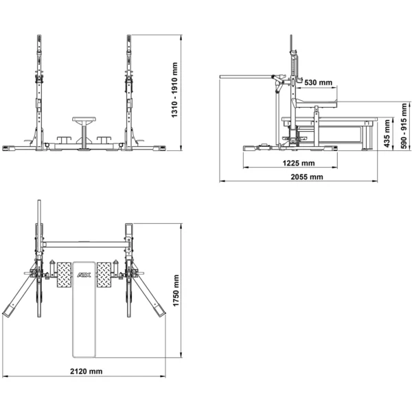 Technical diagram of a competition bench press setup, featuring front, side, and top views. Dimensions include an IPF combo rack with height adjustable from 1310-1910 mm, width 2120 mm, depth 2055 mm. Other specific measurements are also indicated for precise configuration.