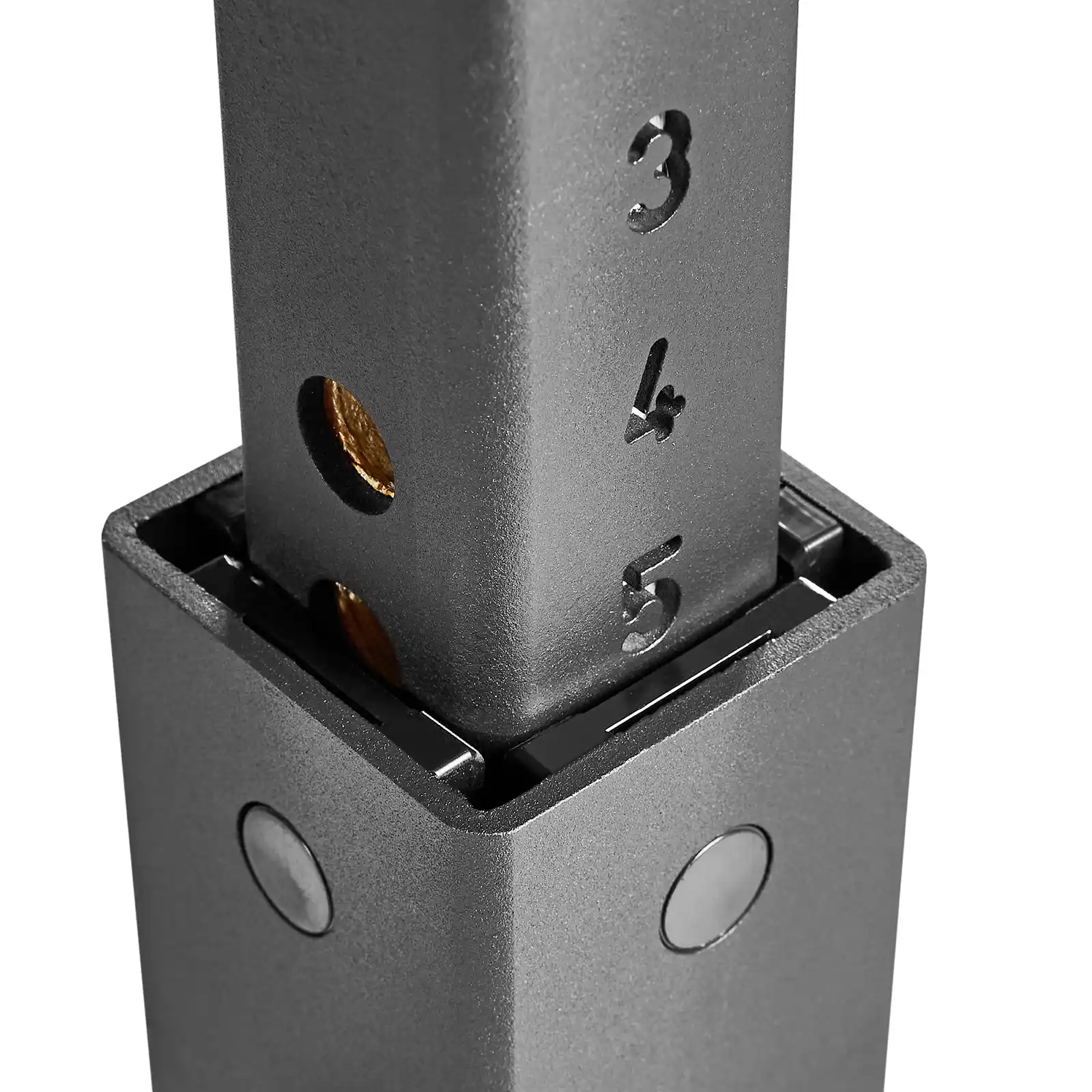 Close-up of a gray metallic adjustable mechanism with numbered levels 3, 4, and 5, and circular holes for positioning. This sleek design suggests it might belong to an IPF combo rack or competition bench press, showcasing clean edges perfect for a height-adjustable product.