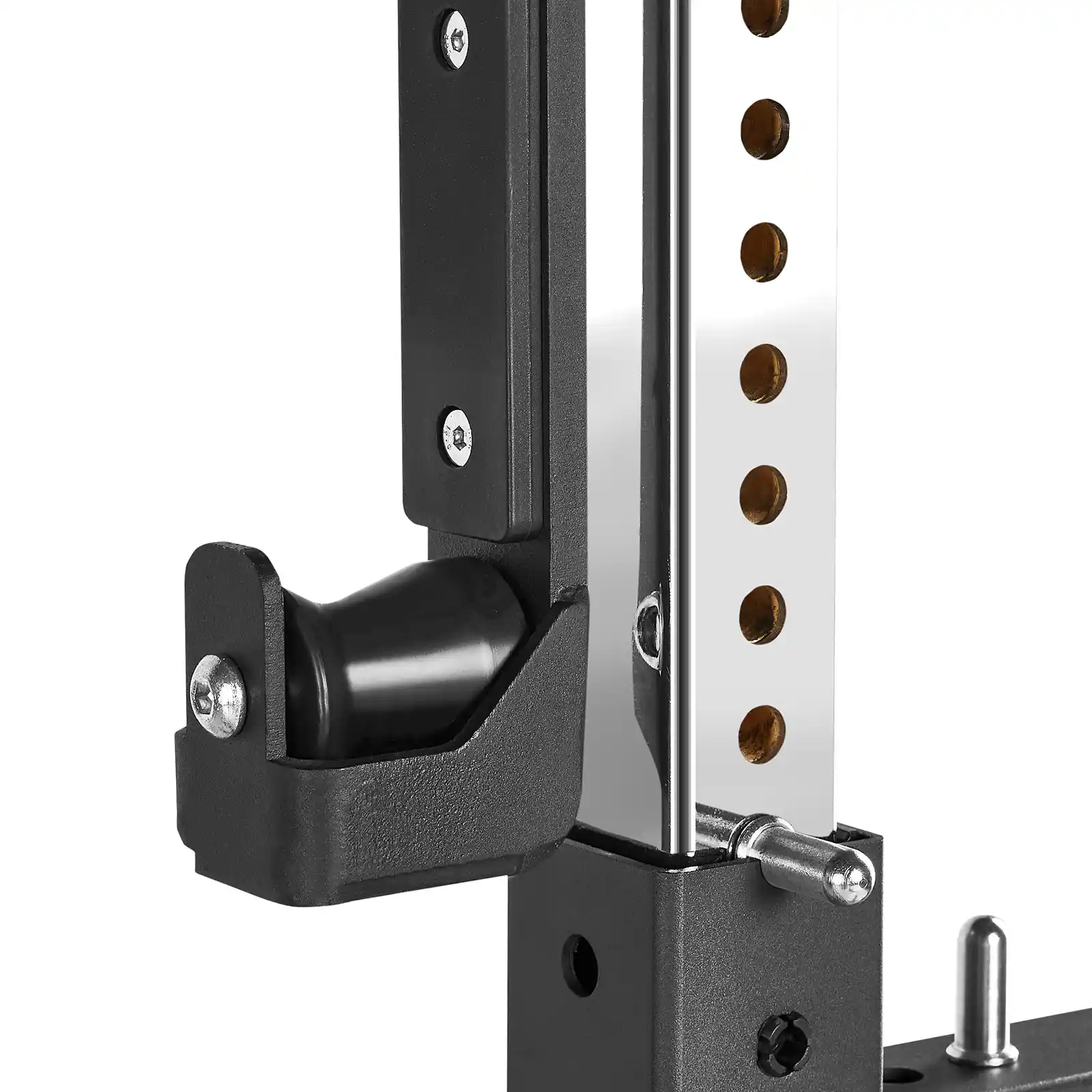 Close-up of a black and silver adjustable squat rack and bench with multiple holes for height customization. The image showcases the locking mechanism and a sturdy metal pin, mimicking features found in an IPF combo rack designed for competition bench press setups.