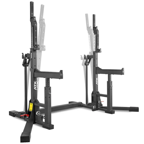 Black ATX squat rack with adjustable safety arms and J-hooks. The rack features a sturdy steel frame and is partially assembled with a supportive base, customizable height options, and compatibility for competition bench press setups.