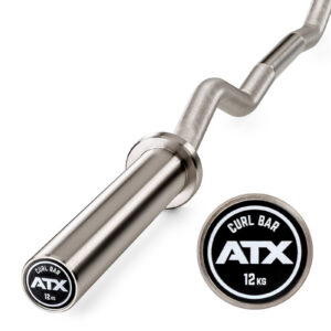 Close-up of the ATX® PRO Ez Curl Bar, made for weightlifting. It features knurled grips, a sleek polished finish, an end cap with the ATX logo and indicates a weight of 12 kg.