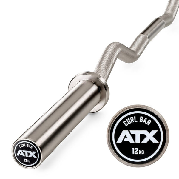 Close-up of the ATX® PRO Ez Curl Bar, made for weightlifting. It features knurled grips, a sleek polished finish, an end cap with the ATX logo and indicates a weight of 12 kg.
