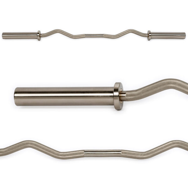 The ATX® PRO Ez Curl Bar features a wavy grip design in metal. Its showcased in three angles: full top view, close-up of the grip section, and side view highlighting one end with the sleeve.