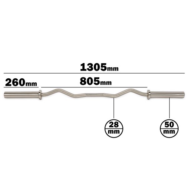 The ATX® PRO Ez Curl Bar is silver, 1305mm long, with an 805mm central grip area. It features 260mm outer sections, a 28mm grip diameter, and 50mm end sleeves.