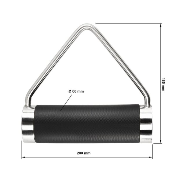 The ATX® Fat Grip Handle is a gym attachment made of stainless steel and black rubber featuring a single D-handle with dimensions: 200 mm in length, 185 mm in height, and a handle diameter of 60 mm.