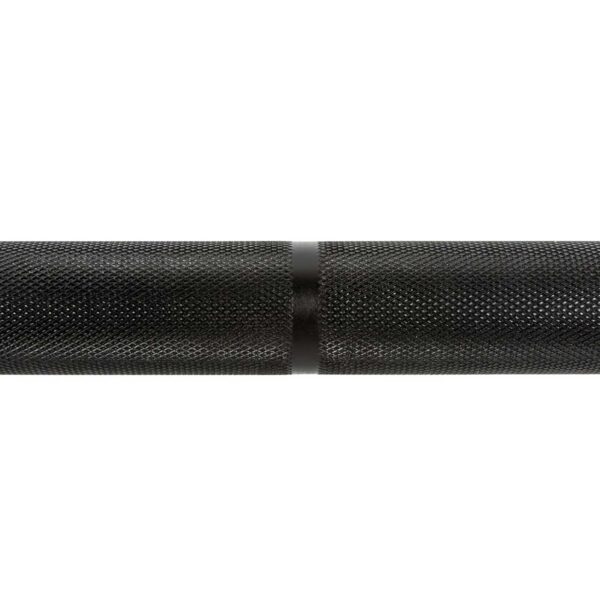 Close-up of a black textured ATX® Special Deadlift Bar 230cm with knurling and a subtle central smooth section, designed for optimal grip on fitness equipment like barbells.