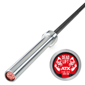 A close-up of the ATX® Special Deadlift Bar 230cm shows its metal sleeve. The end cap displays a red skull with DEAD LIFT, ATX, and 27 MM - 20 KG, 230 CM in white text.