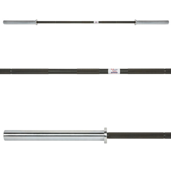 The image showcases the ATX® Ram Powerlifting Bar II IPF in black steel with three views. It features knurled grips, chrome sleeves at both ends, and a central smooth section, designed for weightlifting exercises.