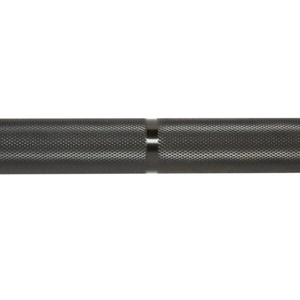 Close-up of the ATX® Ram Powerlifting Bar II IPF with a textured, knurled grip in the center, on a white background. This design enhances grip during weightlifting.
