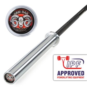 An image shows a silver barbell featuring the ATX® Ram Powerlifting Bar II logo with a detailed ram head on the end cap. A badge in red and blue indicates IPF Approved Powerlifting Equipment in the corner.