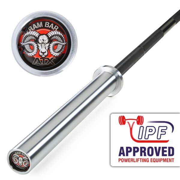 An image shows a silver barbell featuring the ATX® Ram Powerlifting Bar II logo with a detailed ram head on the end cap. A badge in red and blue indicates IPF Approved Powerlifting Equipment in the corner.