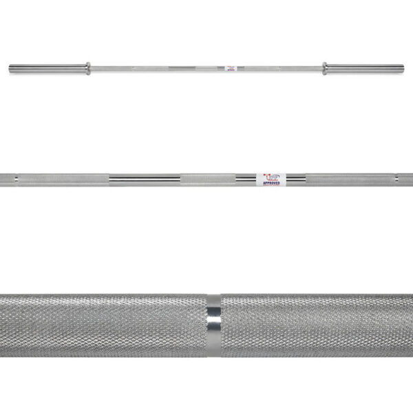 The ATX® Warrior Power Bar IPF, a long silver Olympic barbell with knurled grips, is displayed from multiple angles. It boasts a smooth metallic finish and is crafted for weightlifting.