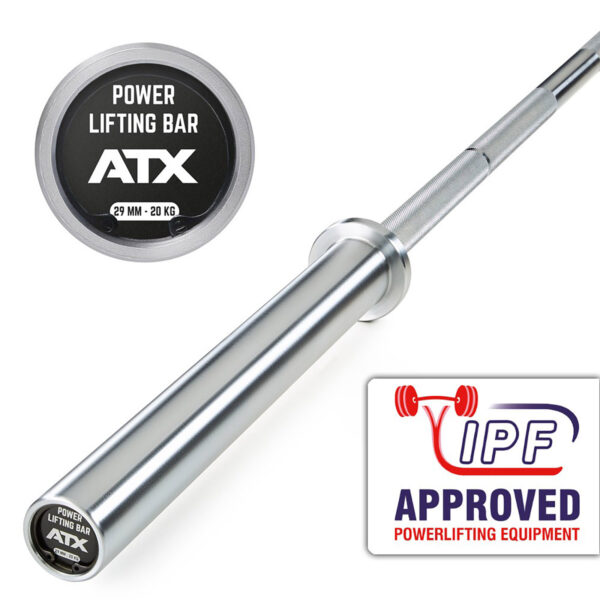Image of a silver powerlifting barbell labeled ATX® Warrior Power Bar IPF with specifications of 29 mm and 20 kg. The bottom right features a logo indicating IPF-approved powerlifting equipment.