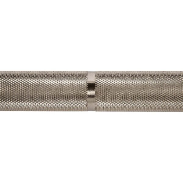 Close-up of the ATX® Training Weightlifting Bar, featuring a silver metal finish with a textured grip and a smooth central ring. The detailed knurling enhances grip for weightlifting.