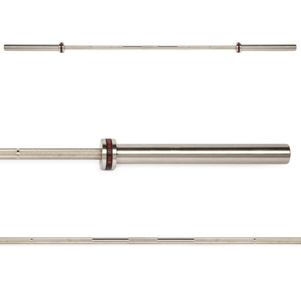Composite image of the ATX® Training Weightlifting Bar displays top, side, and bottom views. The spotlight on the detailed middle section reveals a ring with red and black accents. This straight, polished silver barbell is designed for weightlifting.